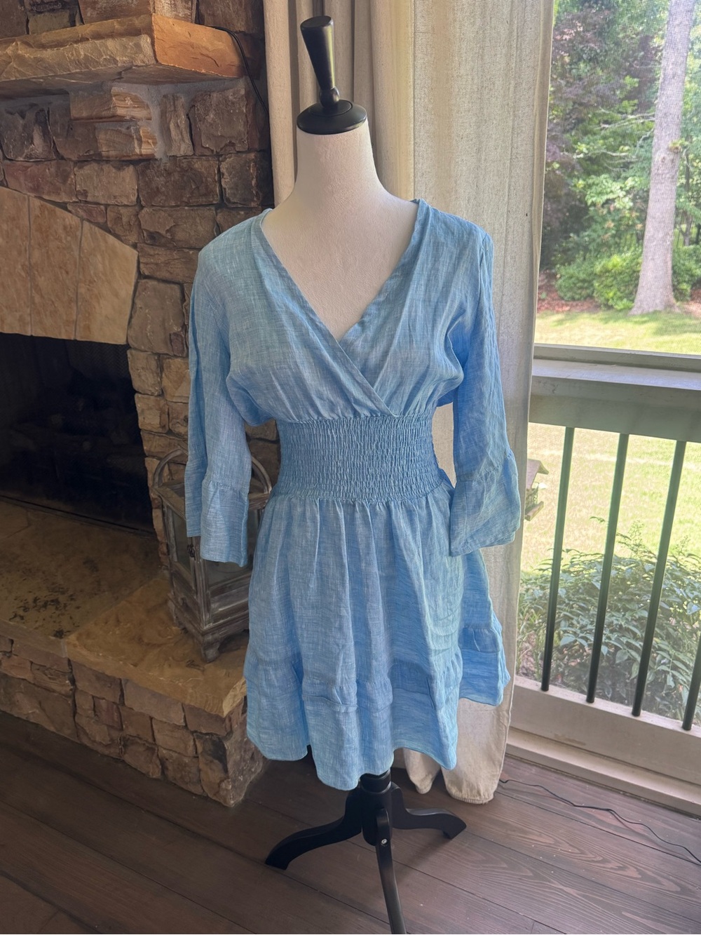 Idillio Positano blue linen smocked waist ruffle mini dress - Small S 4